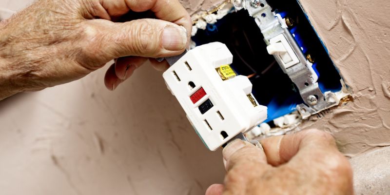 Electrician installing GFI plug in kitchen